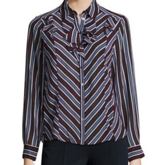 NANETTE SHEER STRIPED BURGUNDY BLUE WHITE AND BLACK CHEVRON BLOUSE - Picture 1 of 5